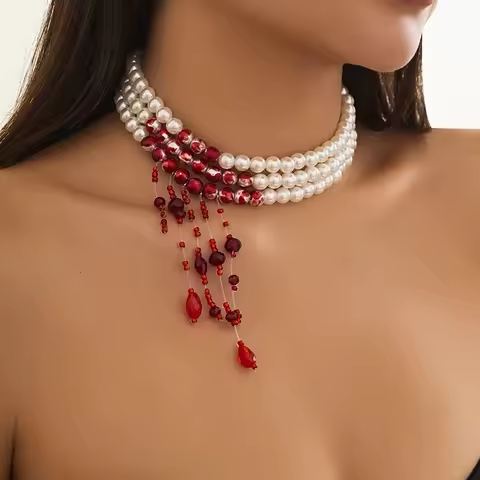 Multilayer Vintage Red Blood Pattern Imitation Pearl Tassel Pendant Necklace for Women Goth Crystal Bead Chain Halloween Jewelry