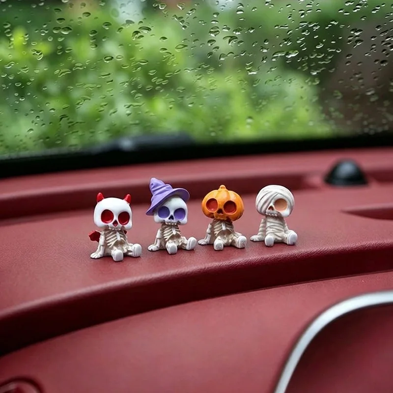 4Pcs Halloween Mini Figurines Set, Spooky Resin Decor with Pumpkins Ghosts Skulls for Party Home Garden Decoration
