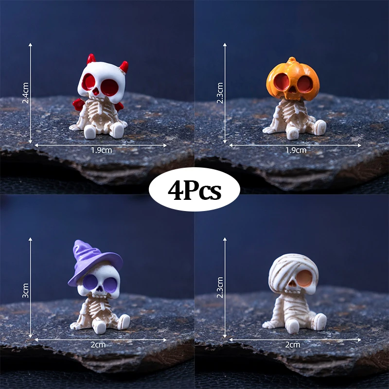 4Pcs Halloween Mini Figurines Set, Spooky Resin Decor with Pumpkins Ghosts Skulls for Party Home Garden Decoration